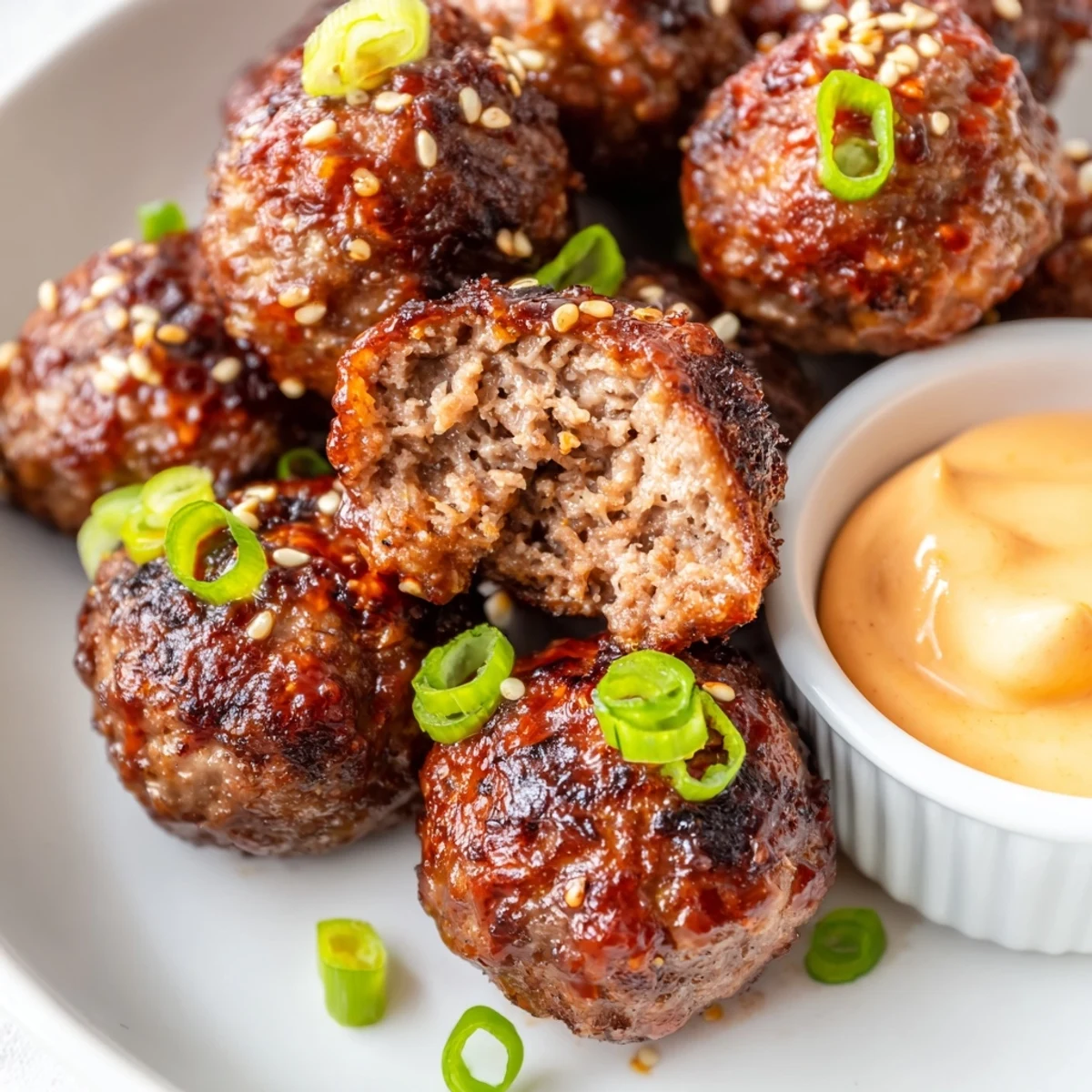 Baked Korean BBQ meatballs glazed and garnished with green onions on a white serving platter