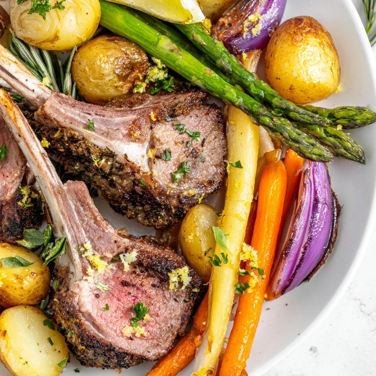 Golden herb-crusted lamb chops roasted with tender vegetables on Easter dinner sheet pan