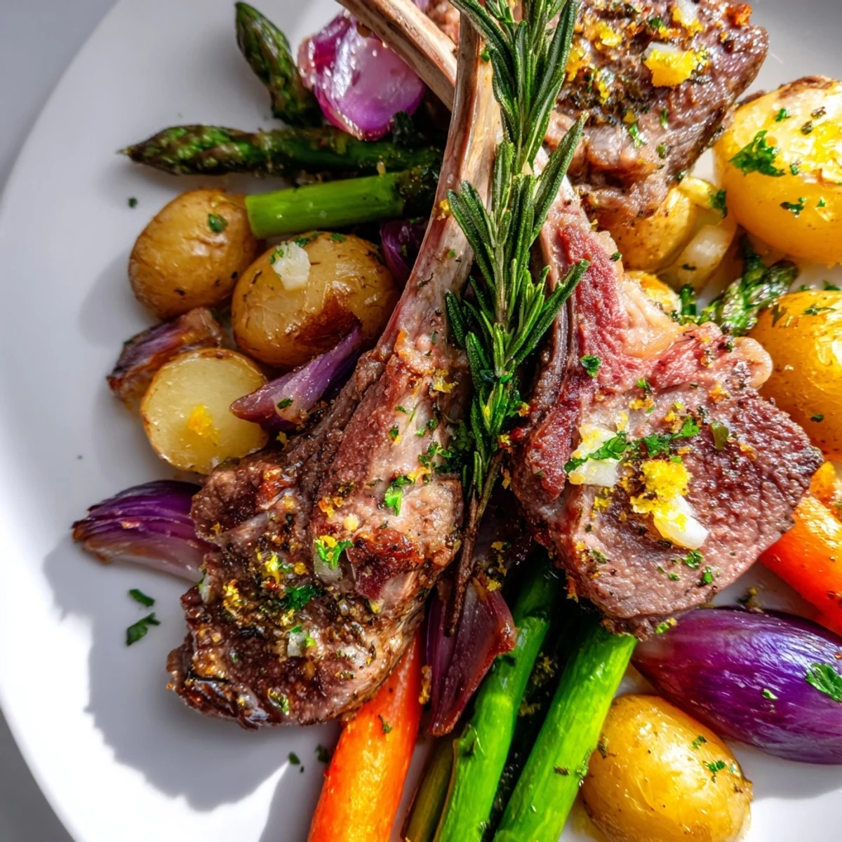 Rustic Easter dinner on a sheet pan with roasted lamb, potatoes, and asparagus