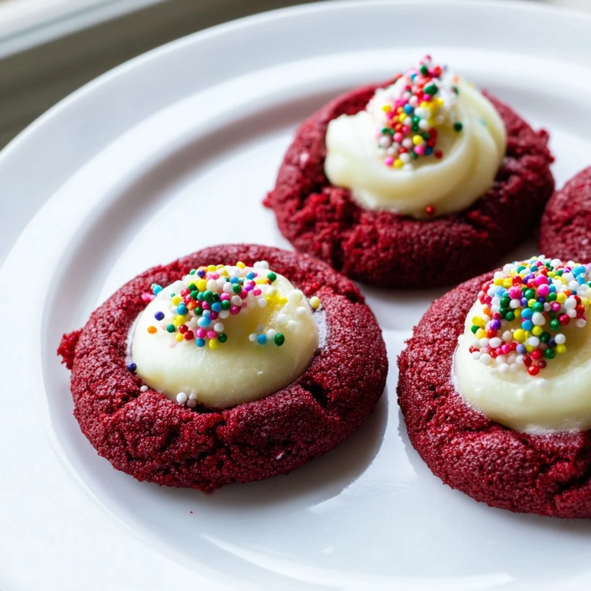 Red velvet thumbprint cookies with creamy cheesecake filling on a rustic white baking sheet