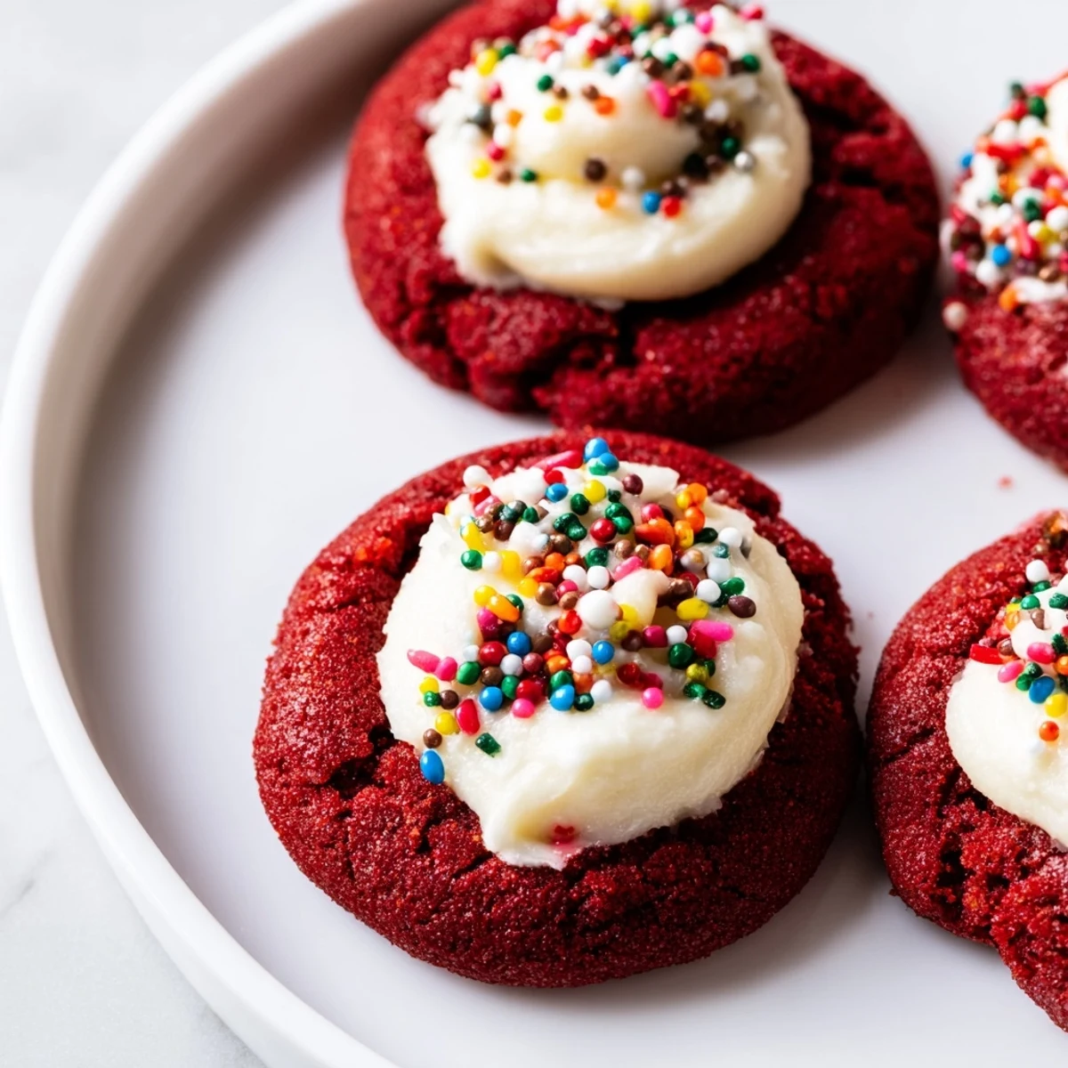 Bright red velvet thumbprint cookies showcase tender cocoa crumbs and smooth cream cheese centers
