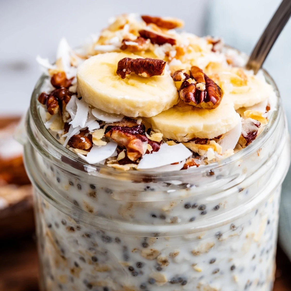 Creamy coconut cream pie overnight oats topped with toasted coconut and pecans in a jar