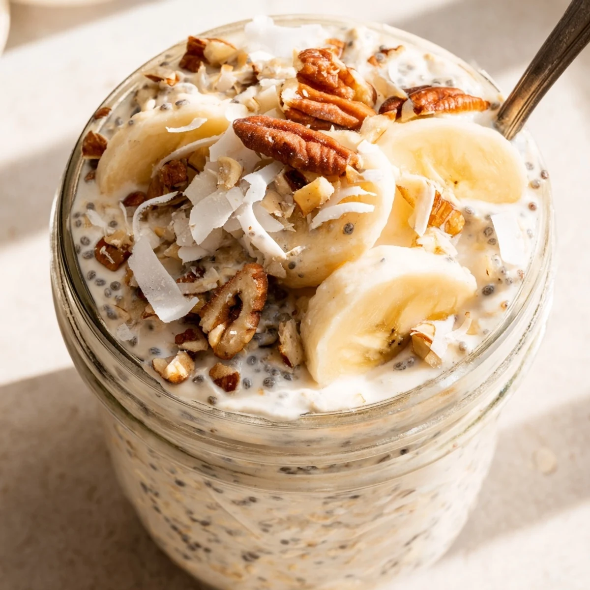 Chilled coconut cream pie overnight oats garnished with toasted coconut flakes in mason jars