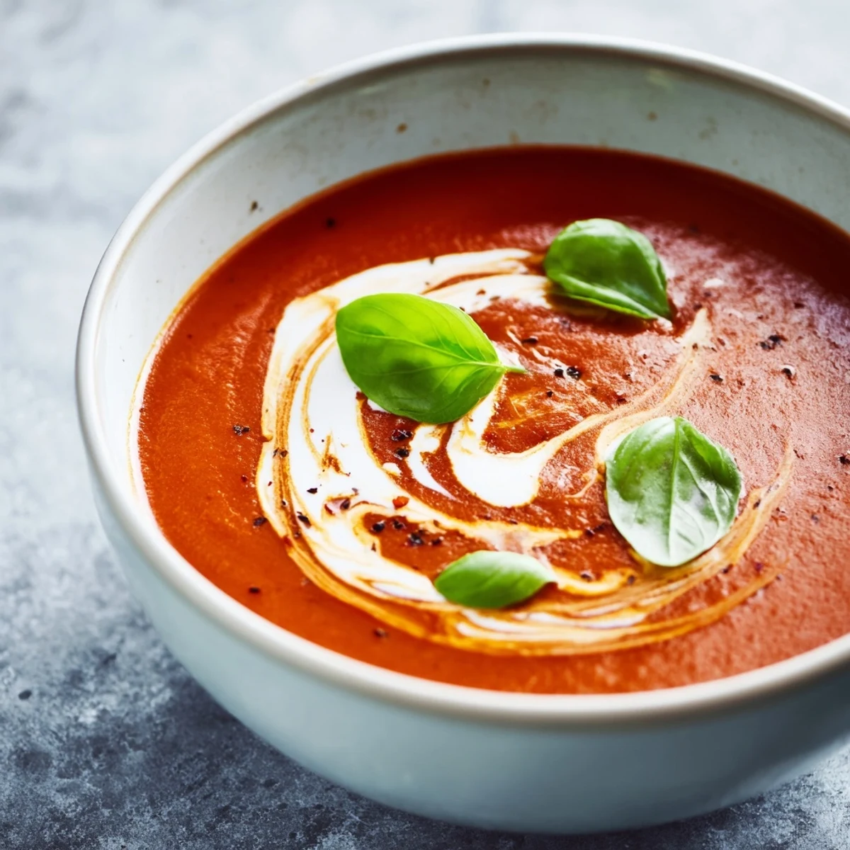 Smoky fire roasted tomato soup in a white bowl with fresh basil garnish