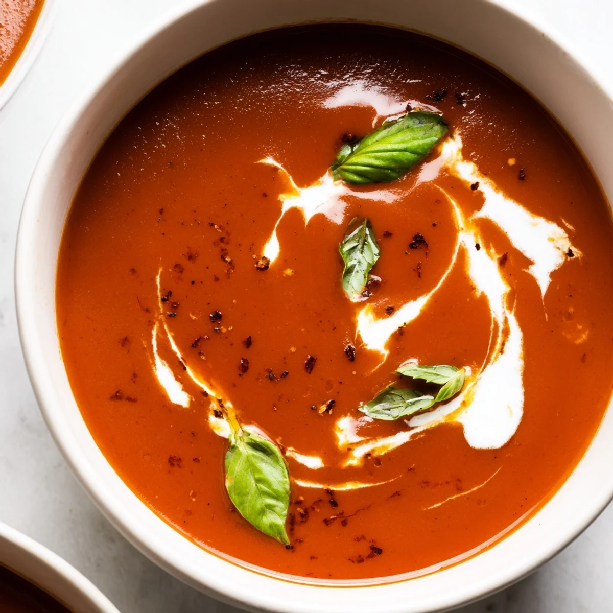 Creamy fire roasted tomato soup served alongside a golden grilled cheese sandwich