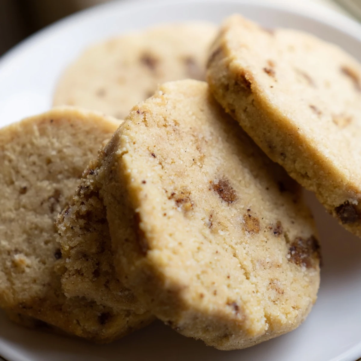 Golden espresso shortbread cookies studded with melted toffee chunks on parchment paper.
