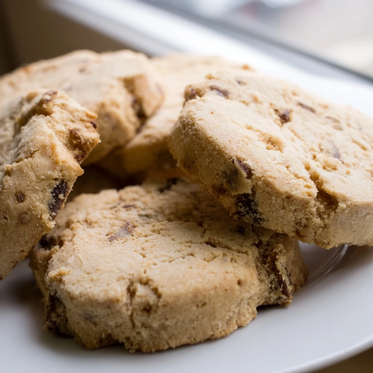 Rich espresso shortbread cookies loaded with golden toffee chunks beside a coffee mug.