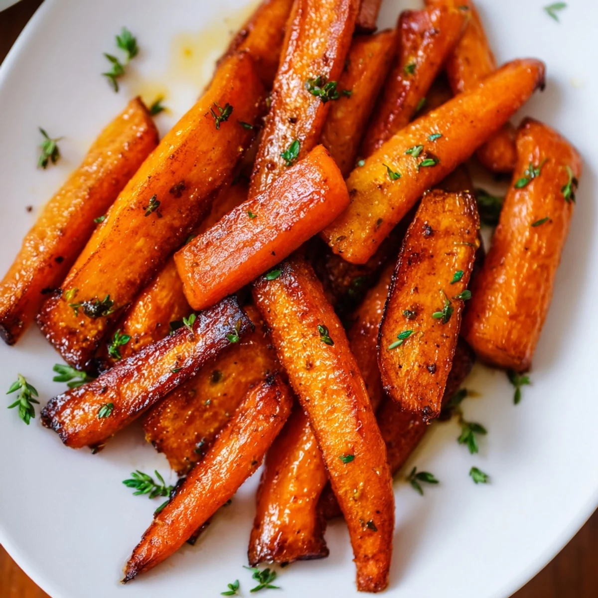 Honey roasted carrots glistening with golden glaze on a rustic white serving platter