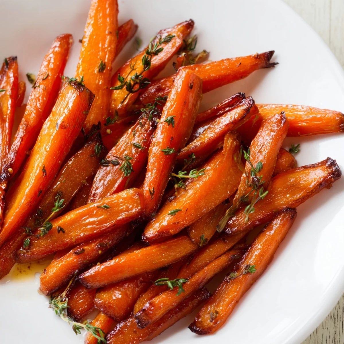 Tender caramelized honey roasted carrots topped with fresh green herbs on parchment paper
