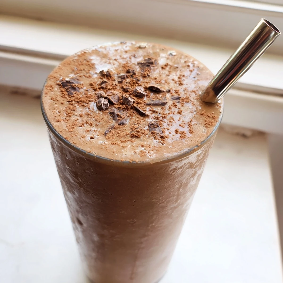 Creamy coffee smoothie poured into glass jars with banana slices on top