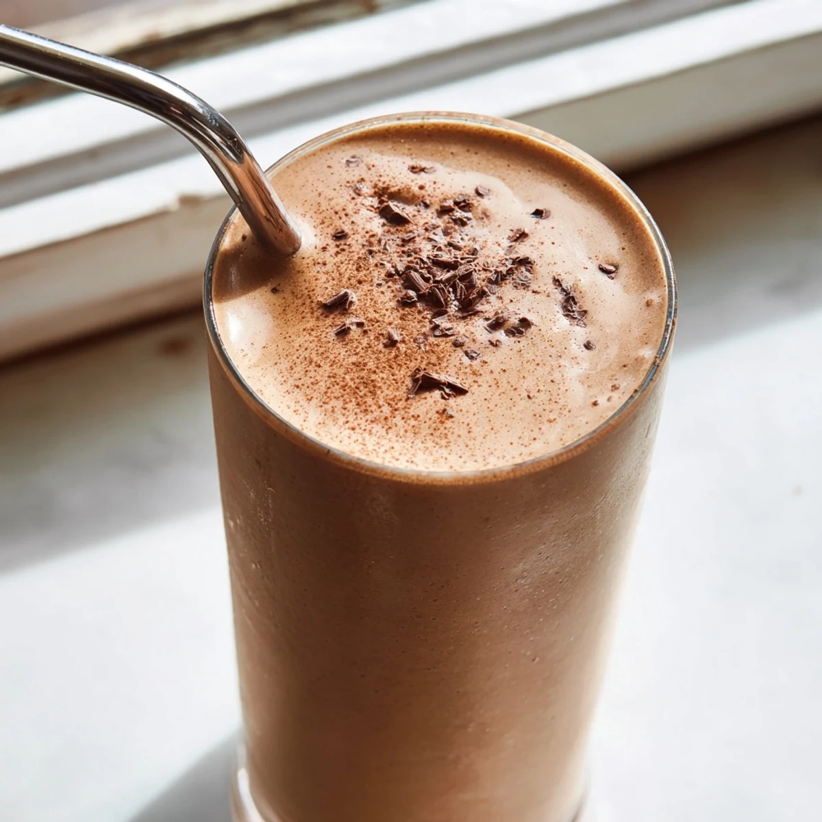 Thick coffee smoothie in a tall glass, served with a reusable straw