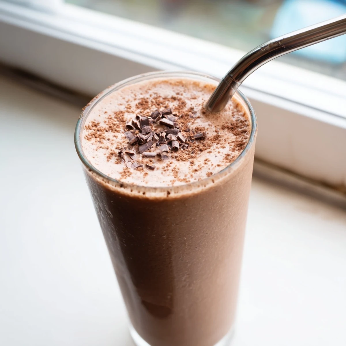 Frothy coffee smoothie blended with ripe banana, topped with a cinnamon sprinkle