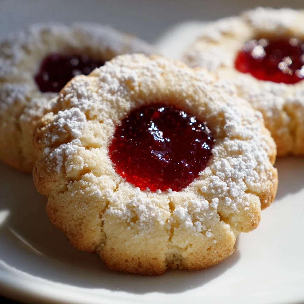 Golden flower jam thumbprint cookies with vibrant jewel-like centers on a rustic baking sheet
