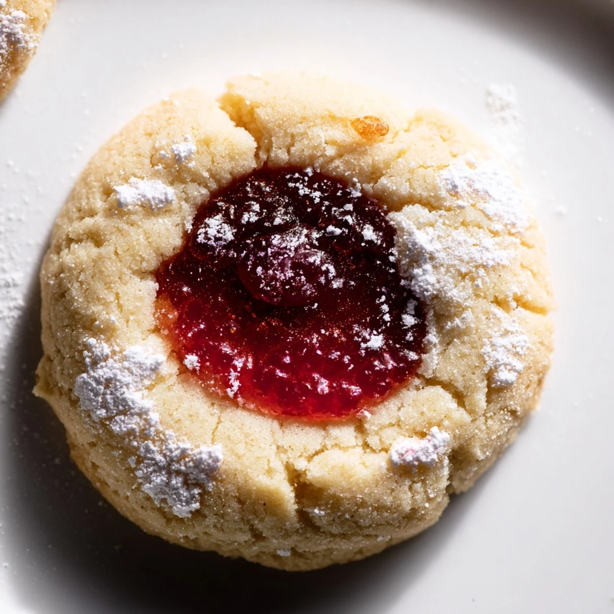 Buttery flower jam thumbprint cookies dusted with powdered sugar served beside herbal tea