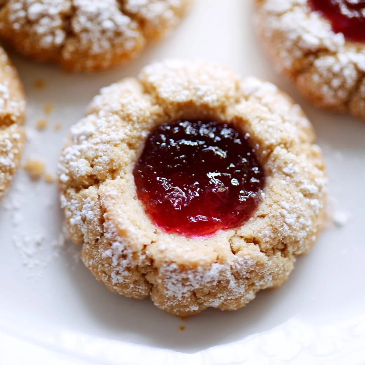 Close-up of flower jam thumbprint cookies showing crinkled golden edges and glossy floral filling