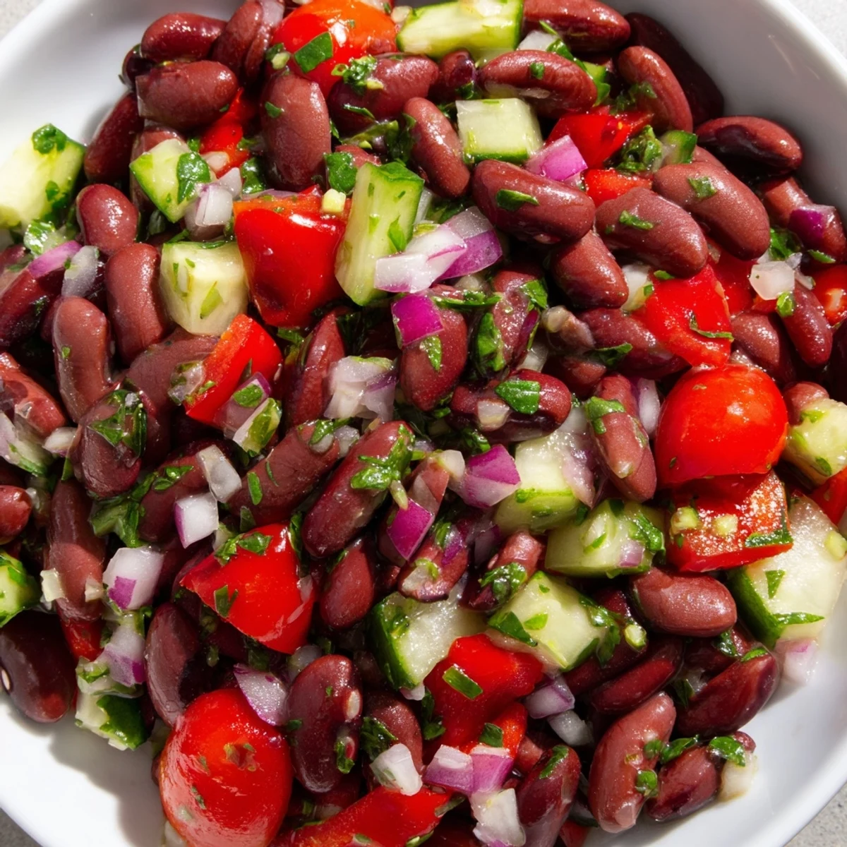 Colorful kidney bean salad tossed with crisp vegetables in a bright vinaigrette dressing
