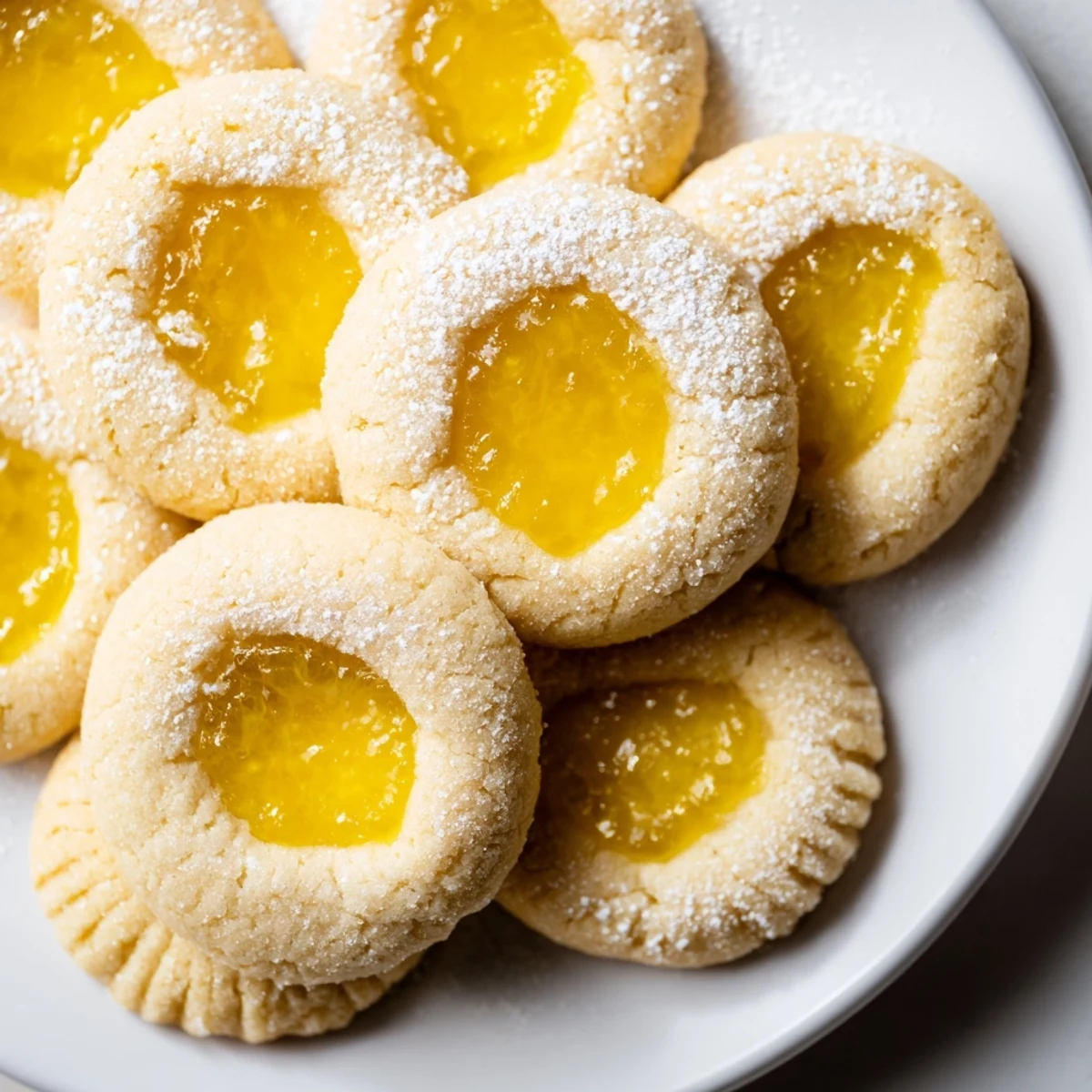 Golden lemon curd cookies with bright yellow filling on a rustic white baking sheet