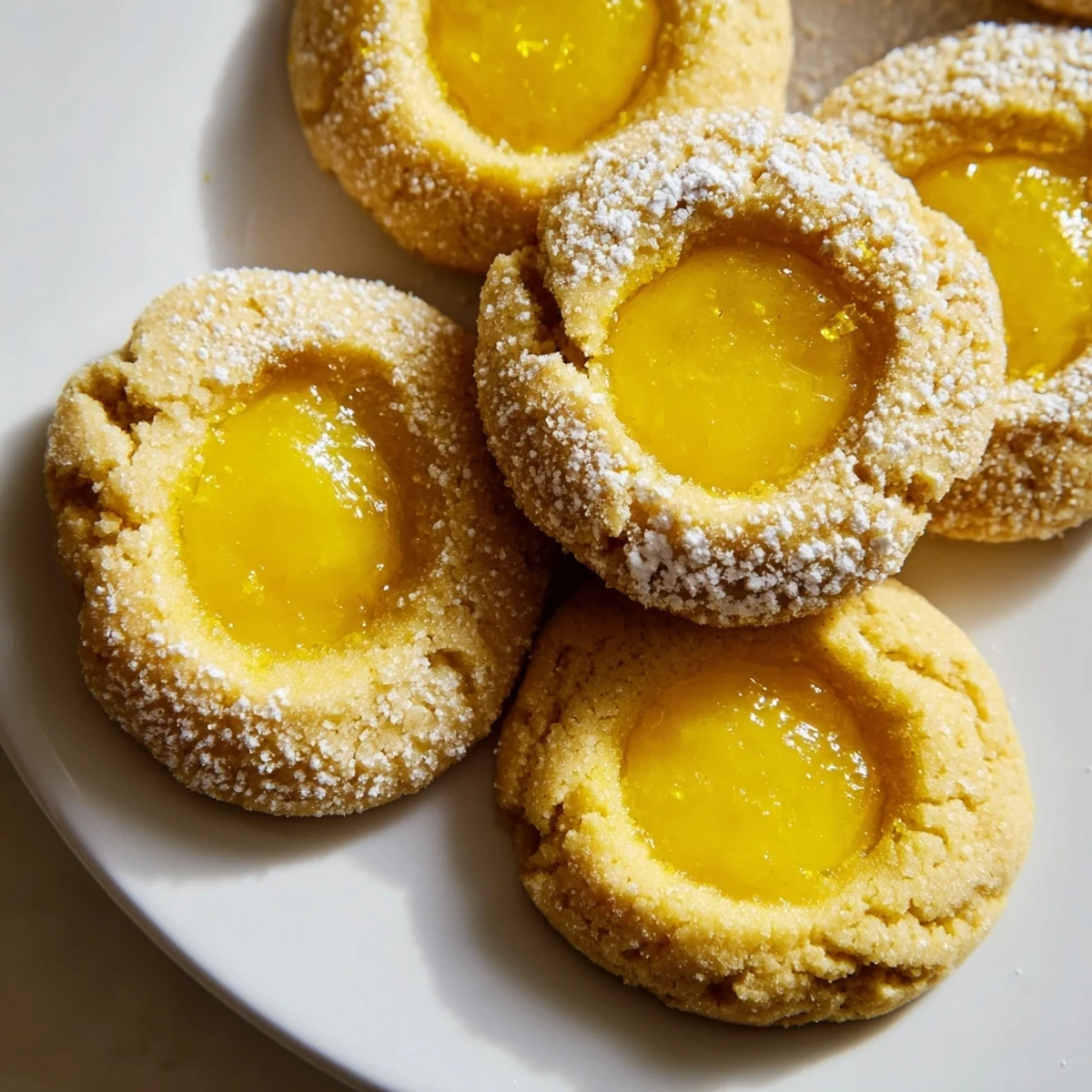 Buttery lemon curd cookies dusted with powdered sugar on a wire cooling rack