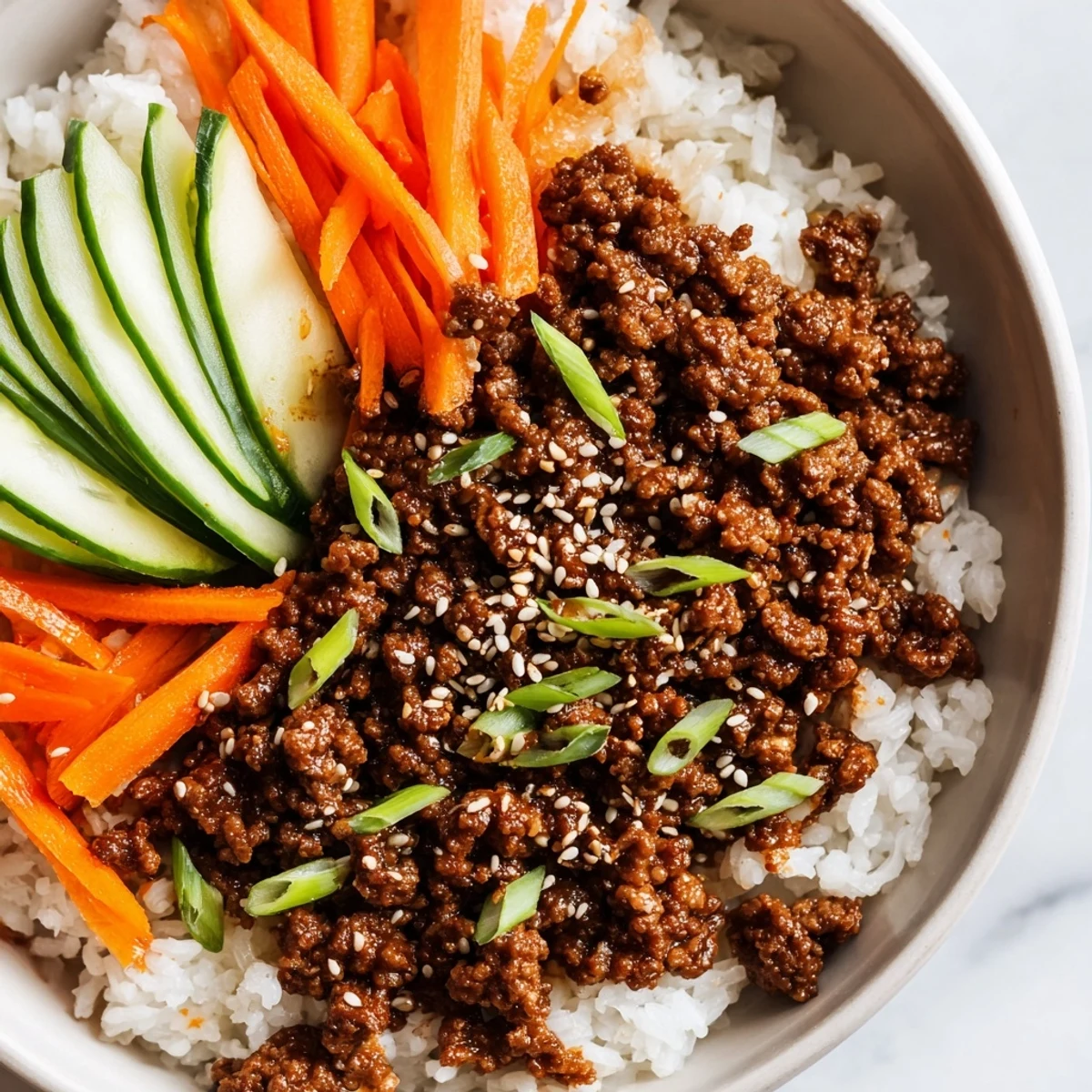 Savory Korean beef bowls topped with fresh vegetables and sesame seeds over fluffy white rice