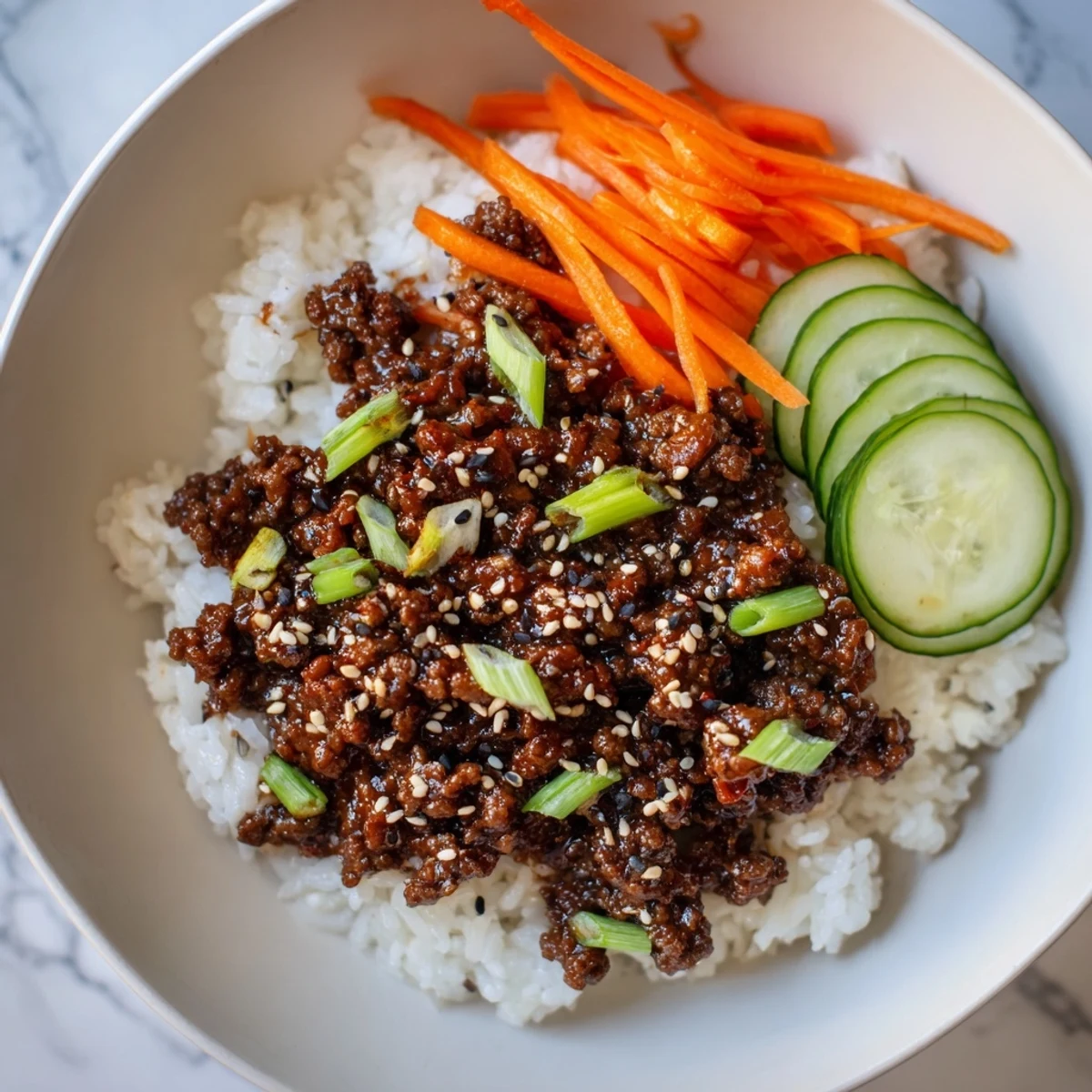 Korean beef bowls featuring glazed ground beef crisp carrots cucumber and steamed jasmine rice
