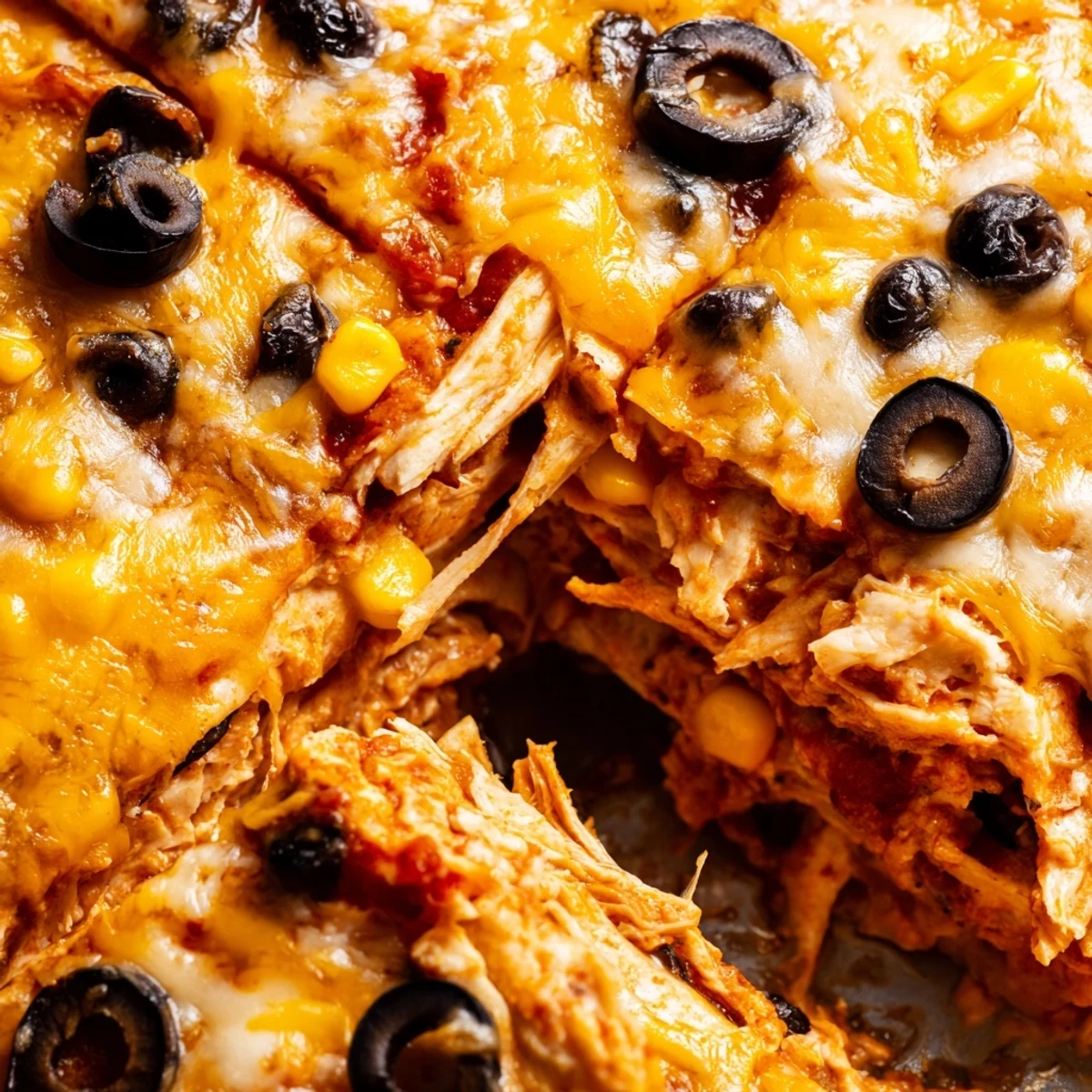 Golden bubbling Cheesy Shredded Chicken Enchilada Bake topped with melted cheese and black olives