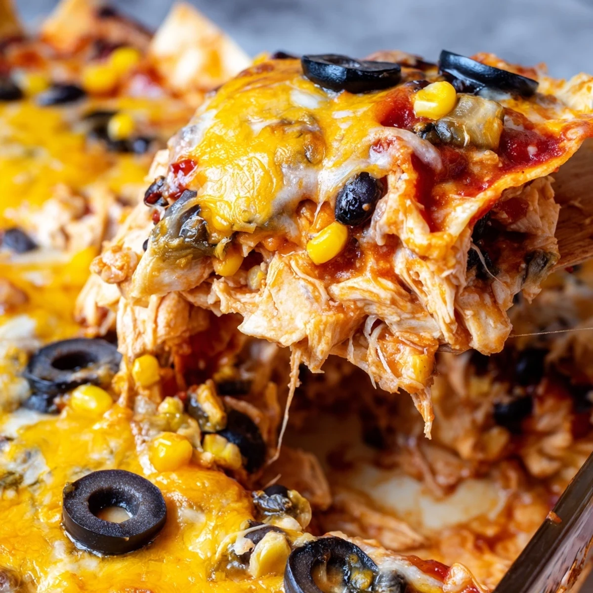 Cheesy Shredded Chicken Enchilada Bake layered with tender chicken, beans, and gooey melted cheese