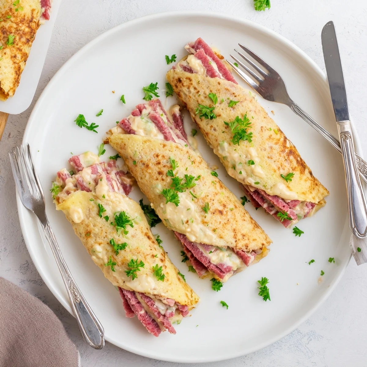 Golden Low Carb Reuben Egg Roll Ups filled with corned beef and melted Swiss cheese