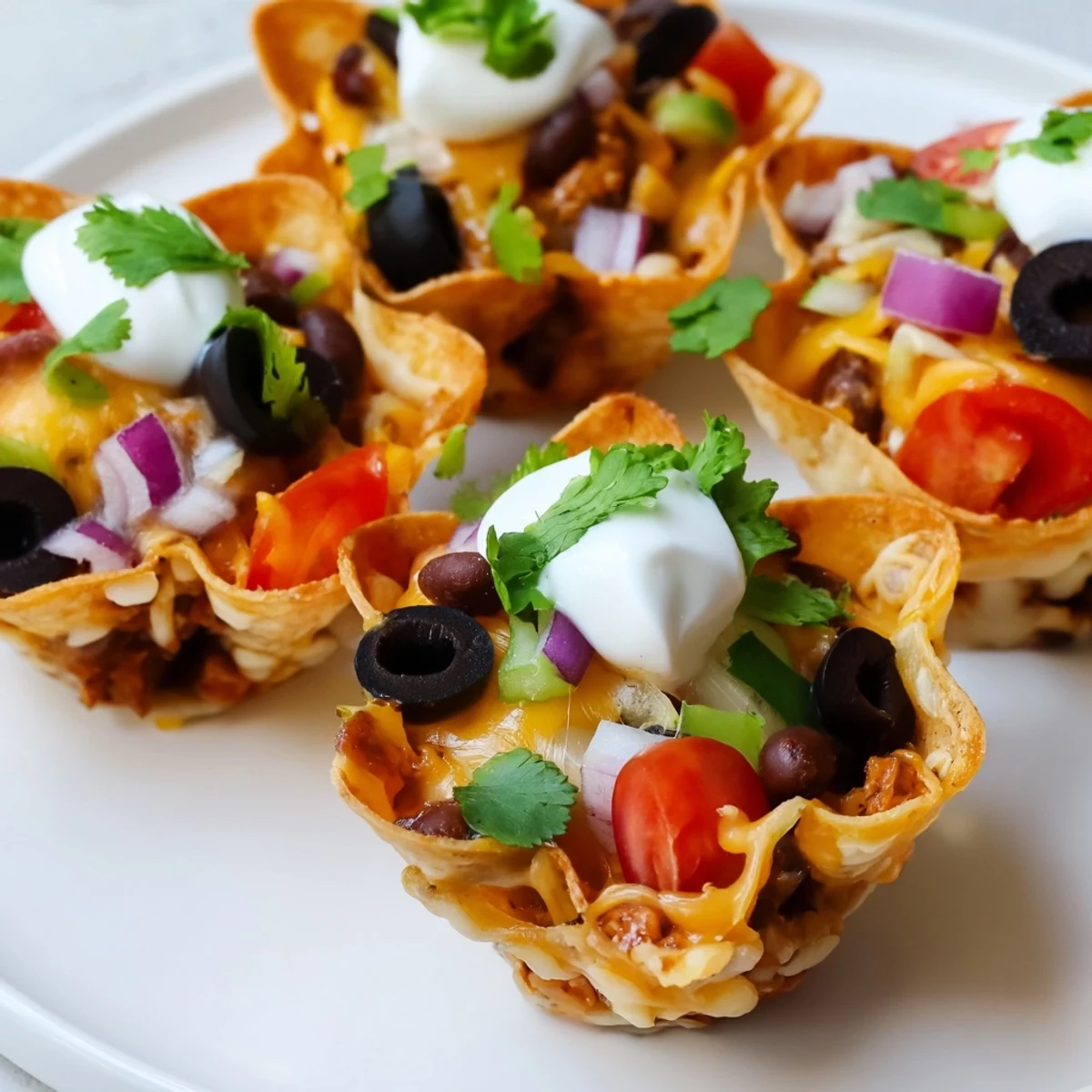 Golden cheesy nacho cups bubbling with melted cheddar and colorful fresh toppings