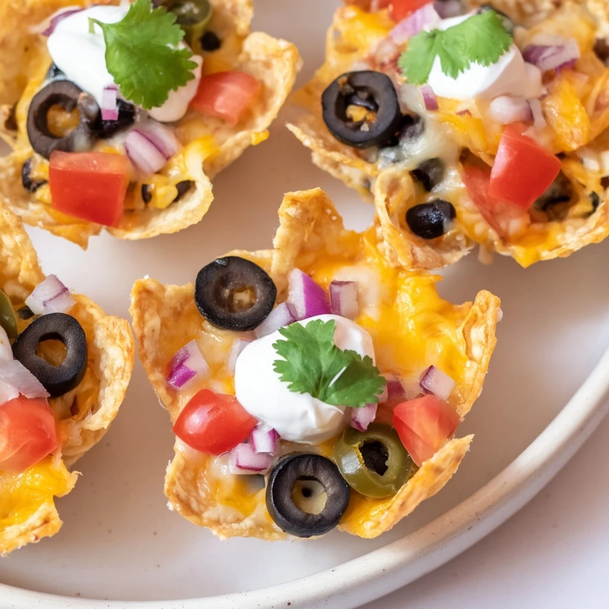 Crispy tortilla cups overflowing with gooey Monterey Jack cheese and zesty garnishes