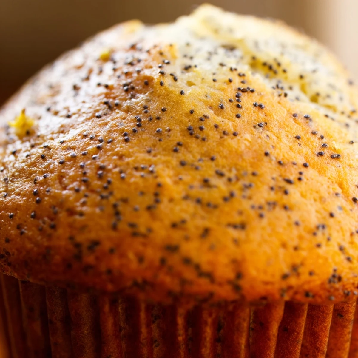 Golden lemon poppy seed muffins with domed tops cooling on a wire rack