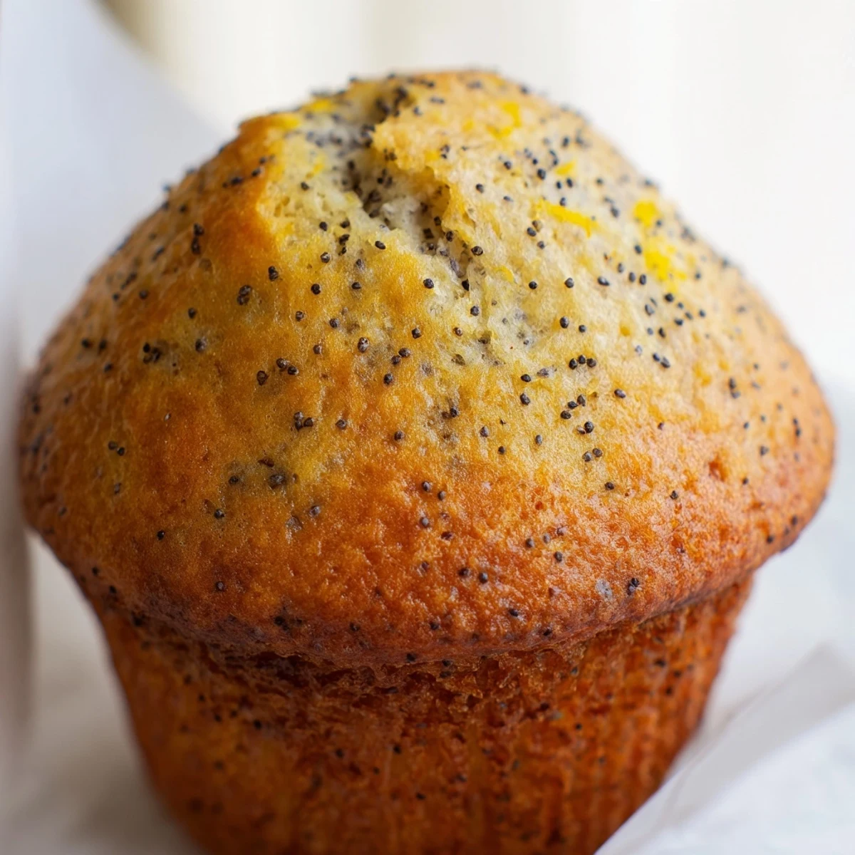 Moist lemon poppy seed muffins speckled with zest in lined muffin tin