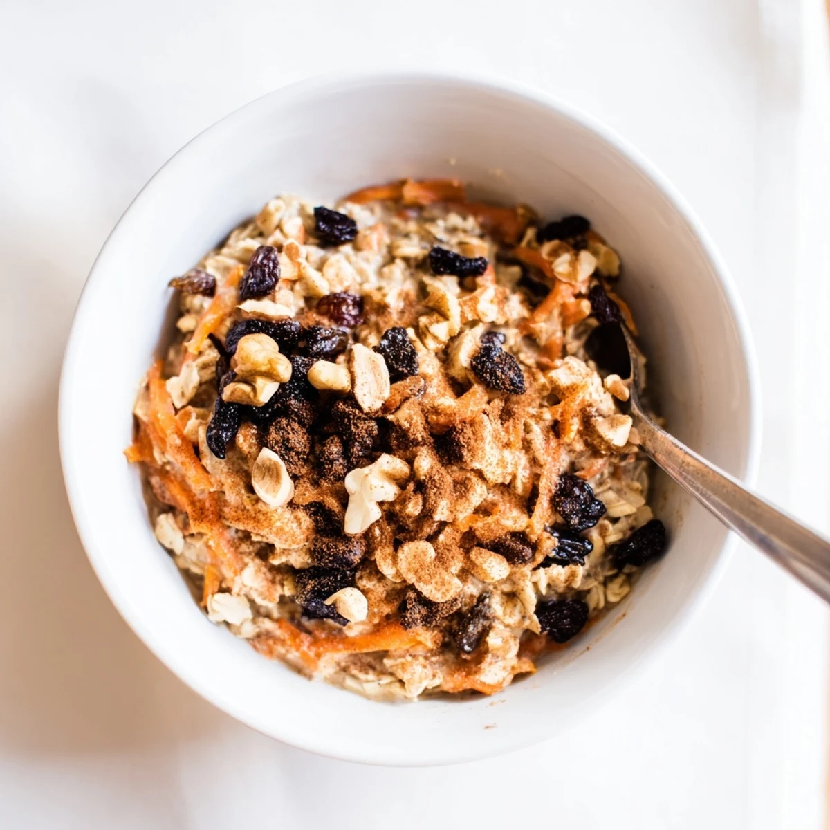 Creamy carrot cake overnight oats in a mason jar topped with chopped walnuts and cinnamon