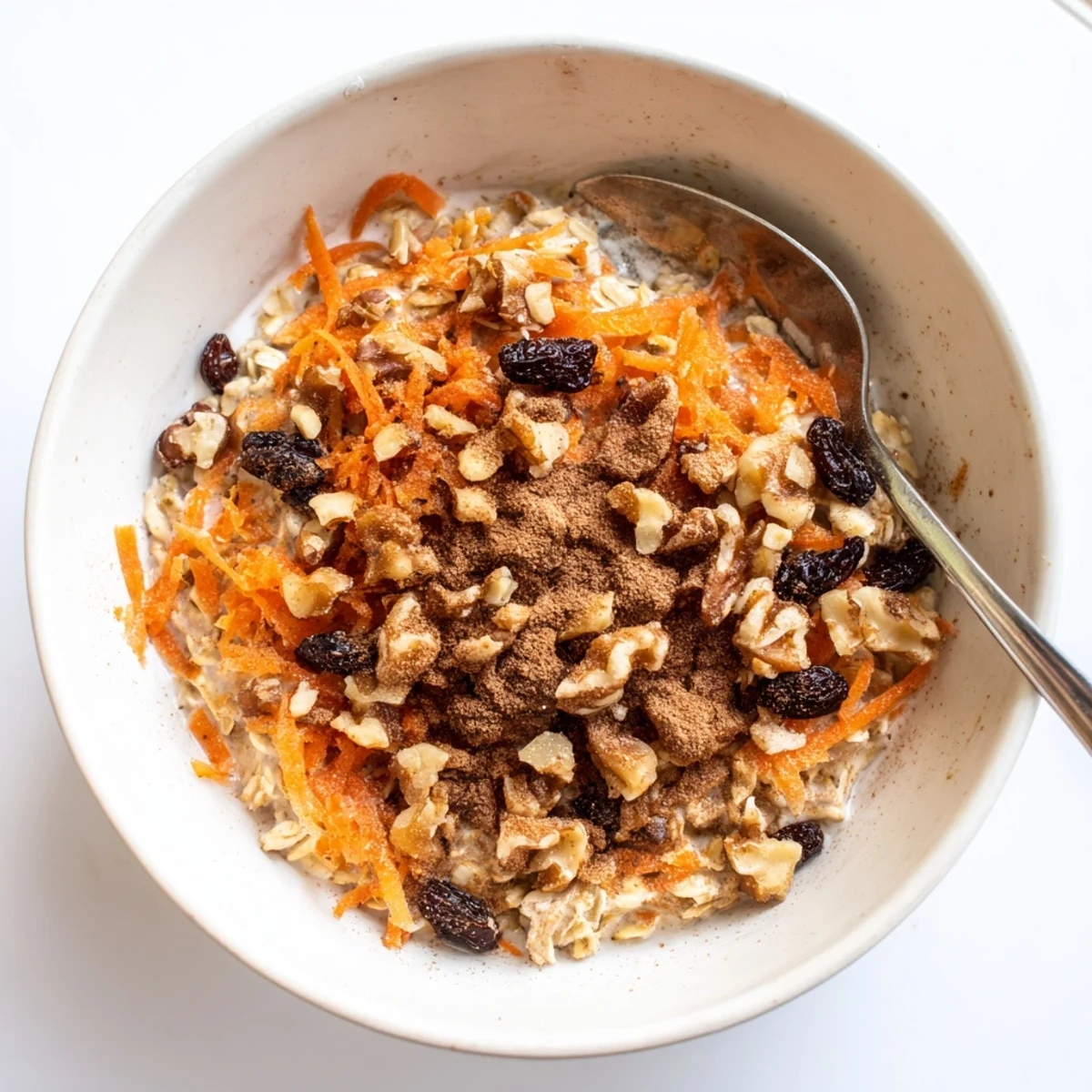 Spiced carrot cake overnight oats with visible grated carrots, raisins, and a creamy texture