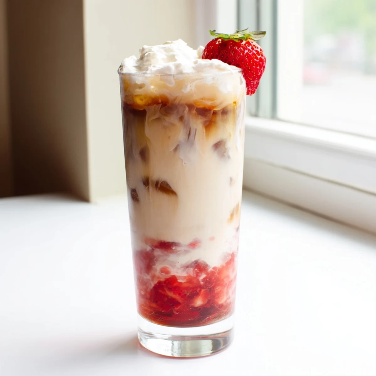 Creamy strawberry cold latte in a tall glass with swirled pink layers and ice