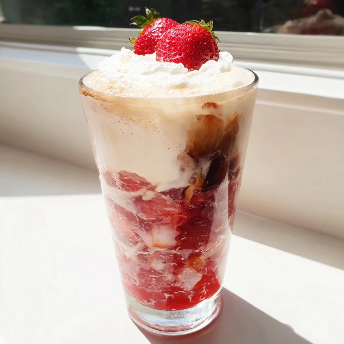 Refreshing strawberry cream cold latte topped with fluffy whipped cream and fresh berry garnish