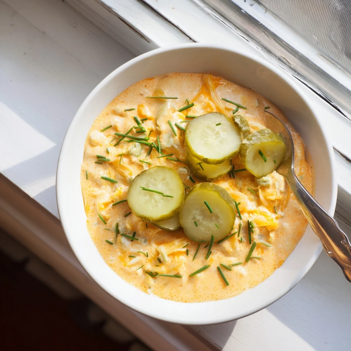 Creamy Buffalo Pickle Dip in a serving bowl surrounded by crunchy chips and fresh veggie sticks for party snacking