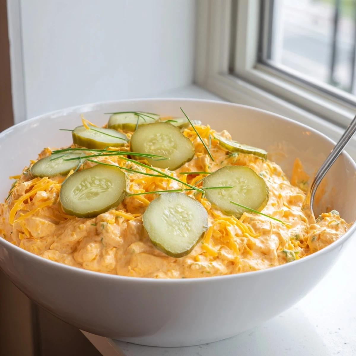 Tangy Buffalo Pickle Dip topped with chopped chives and pickle slices ready for game day appetizers