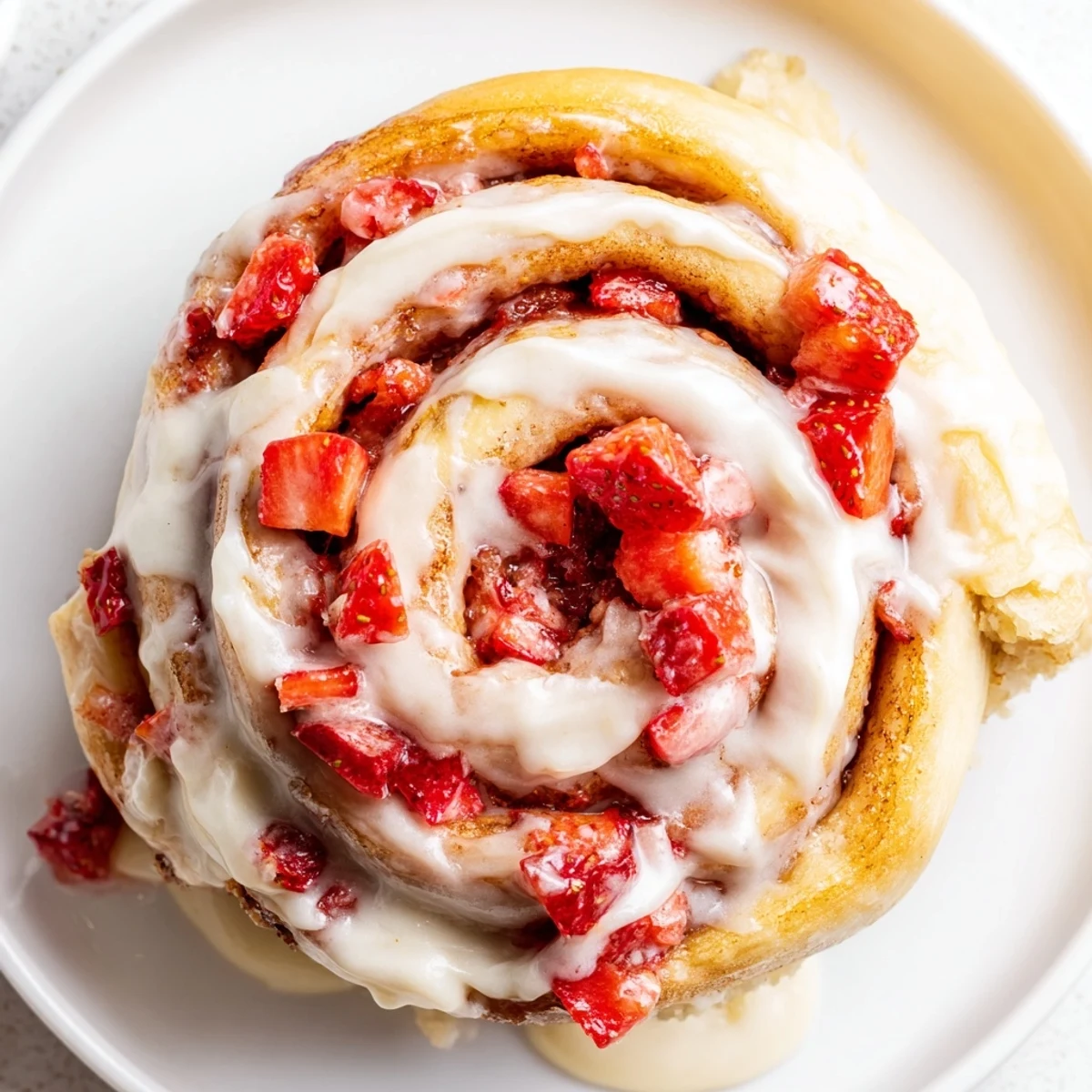Golden strawberry cinnamon rolls dripping with cream cheese glaze on a white plate