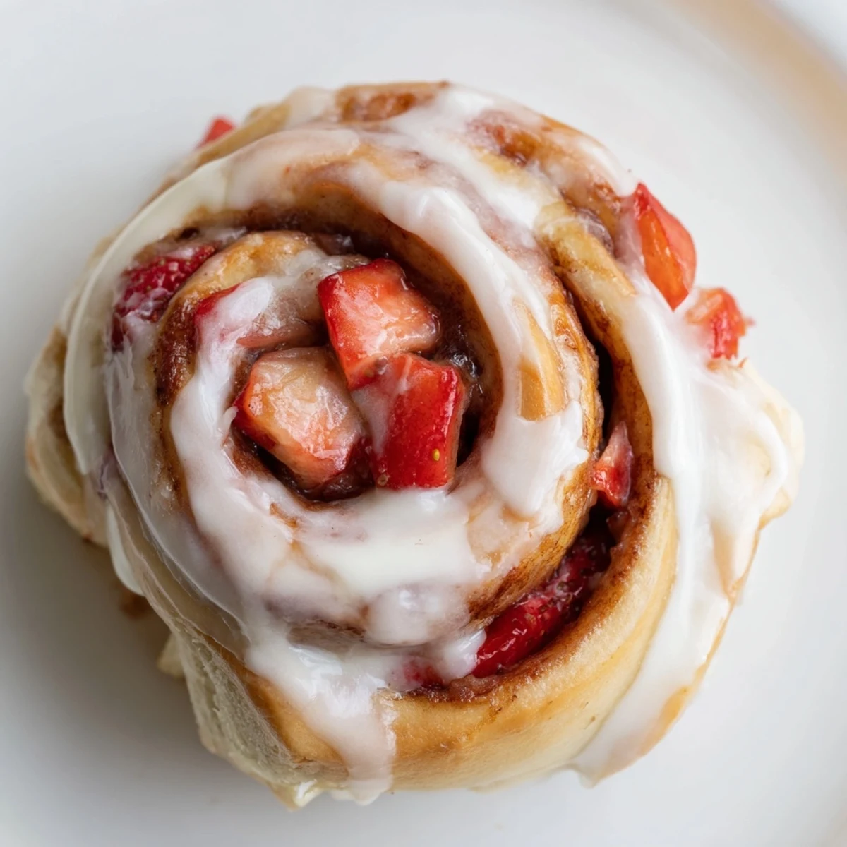 Swirled strawberry cinnamon rolls with fresh berries and sweet icing ready to serve