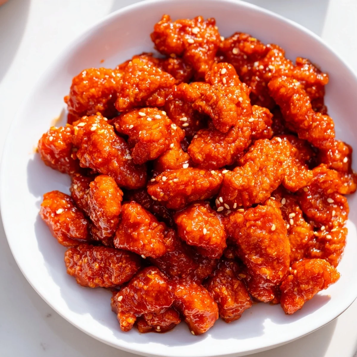 Spicy firecracker ground chicken bowls topped with crisp vegetables and sesame seeds