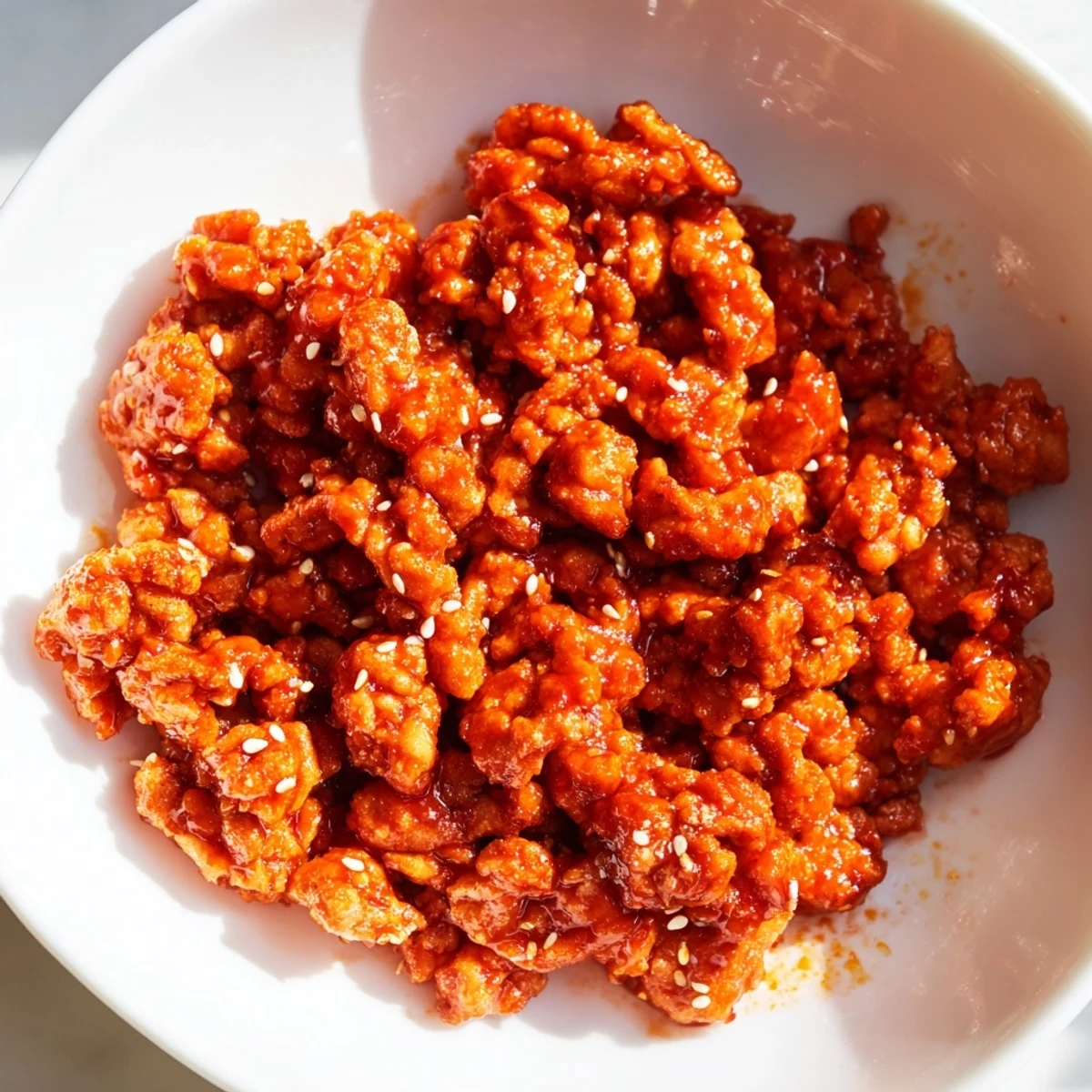 Firecracker ground chicken bowls featuring glazed meat over fluffy rice with fresh veggies