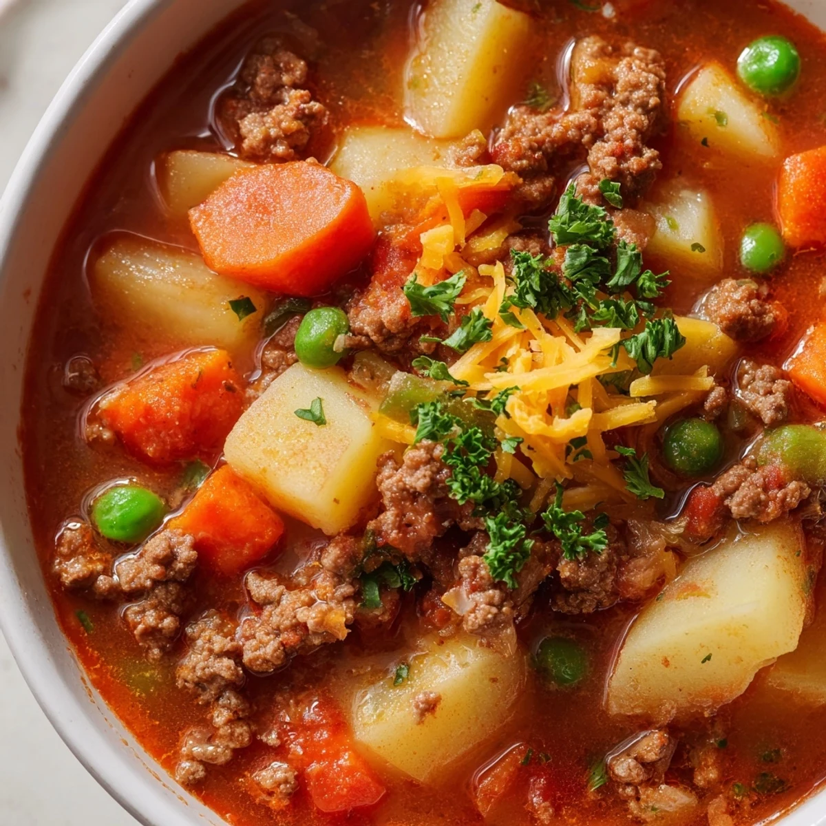 Steaming bowl of homemade ground beef and potato soup with tender vegetables and rich broth