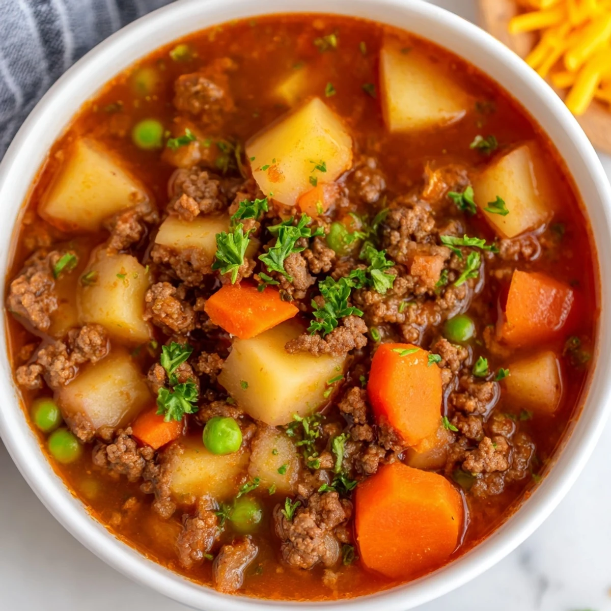 Hearty ground beef and potato soup loaded with soft potatoes in rustic ceramic bowl