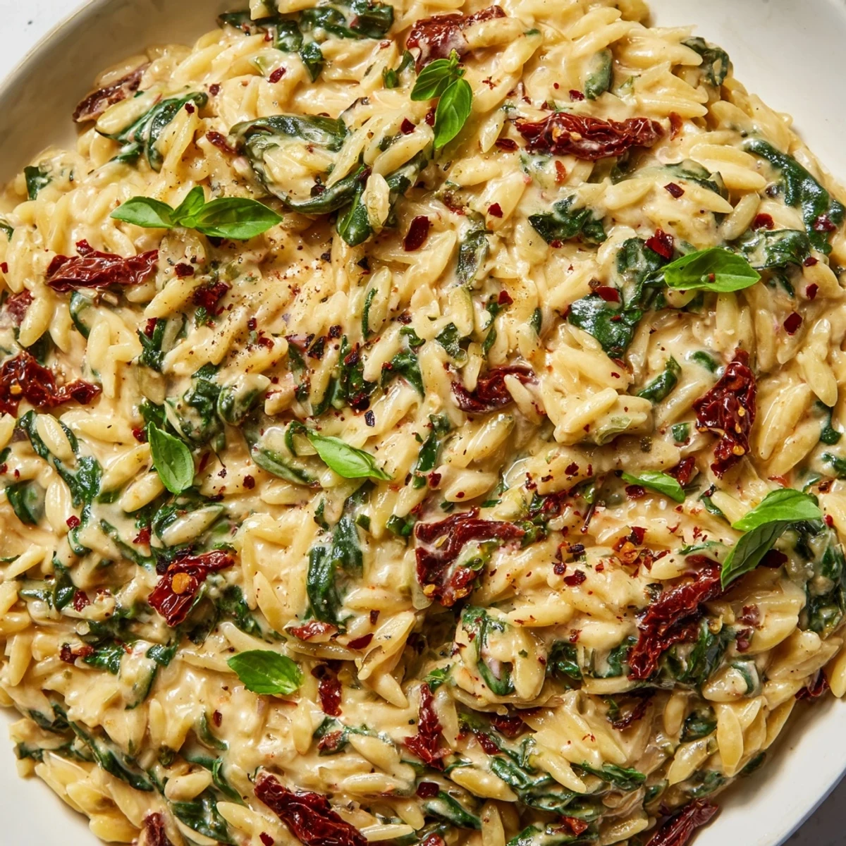 Creamy Tuscan orzo in a skillet with sun-dried tomatoes, spinach, and melted Parmesan cheese