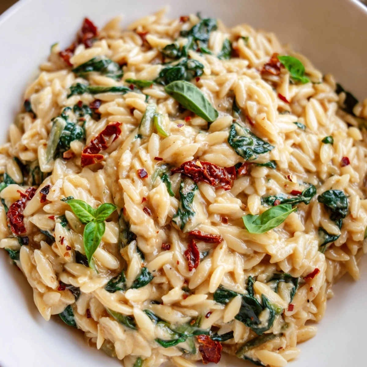 Warm bowl of Creamy Tuscan orzo topped with fresh basil and extra grated Parmesan