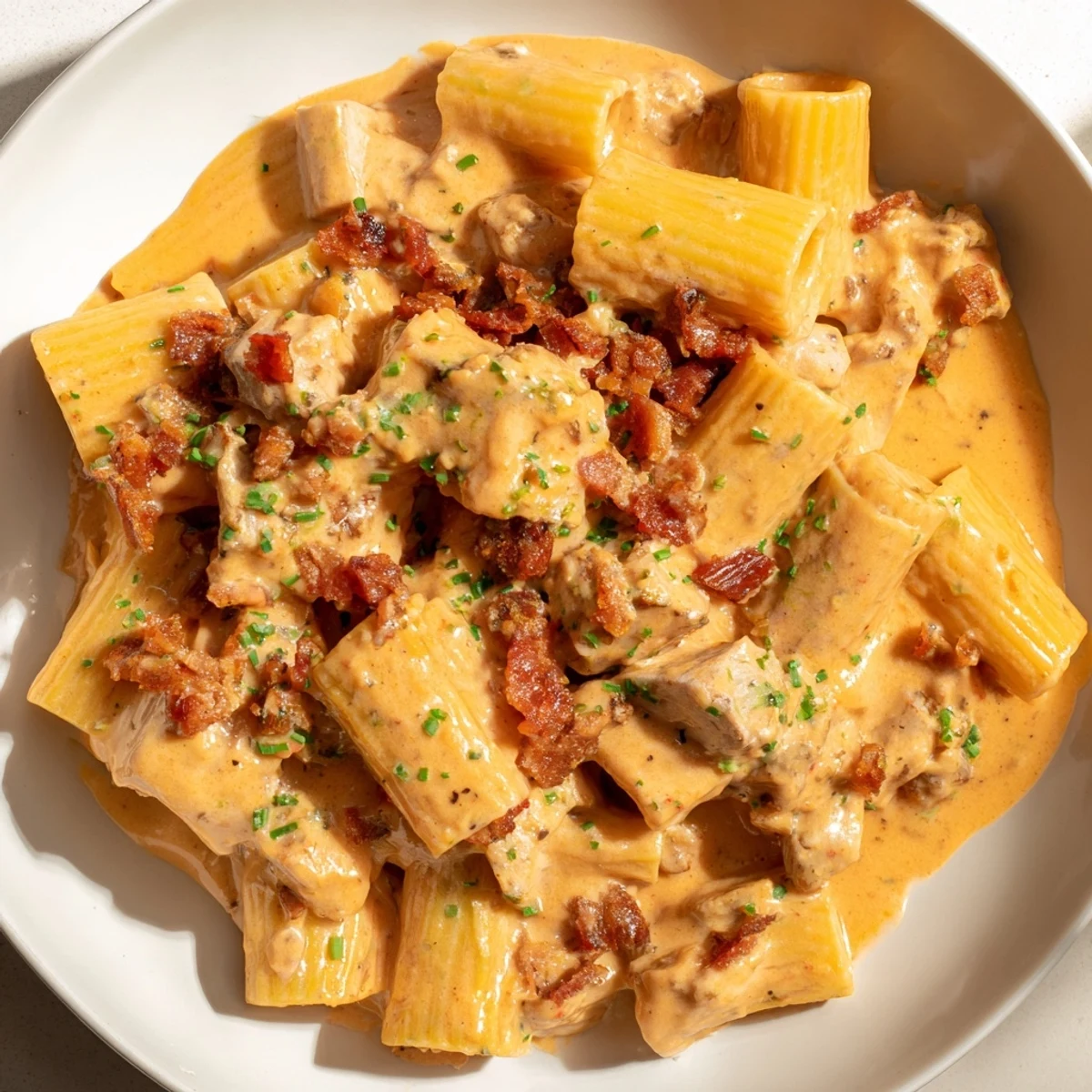Creamy Crack Chicken Pasta topped with crispy beef bacon and fresh green herbs in white bowl