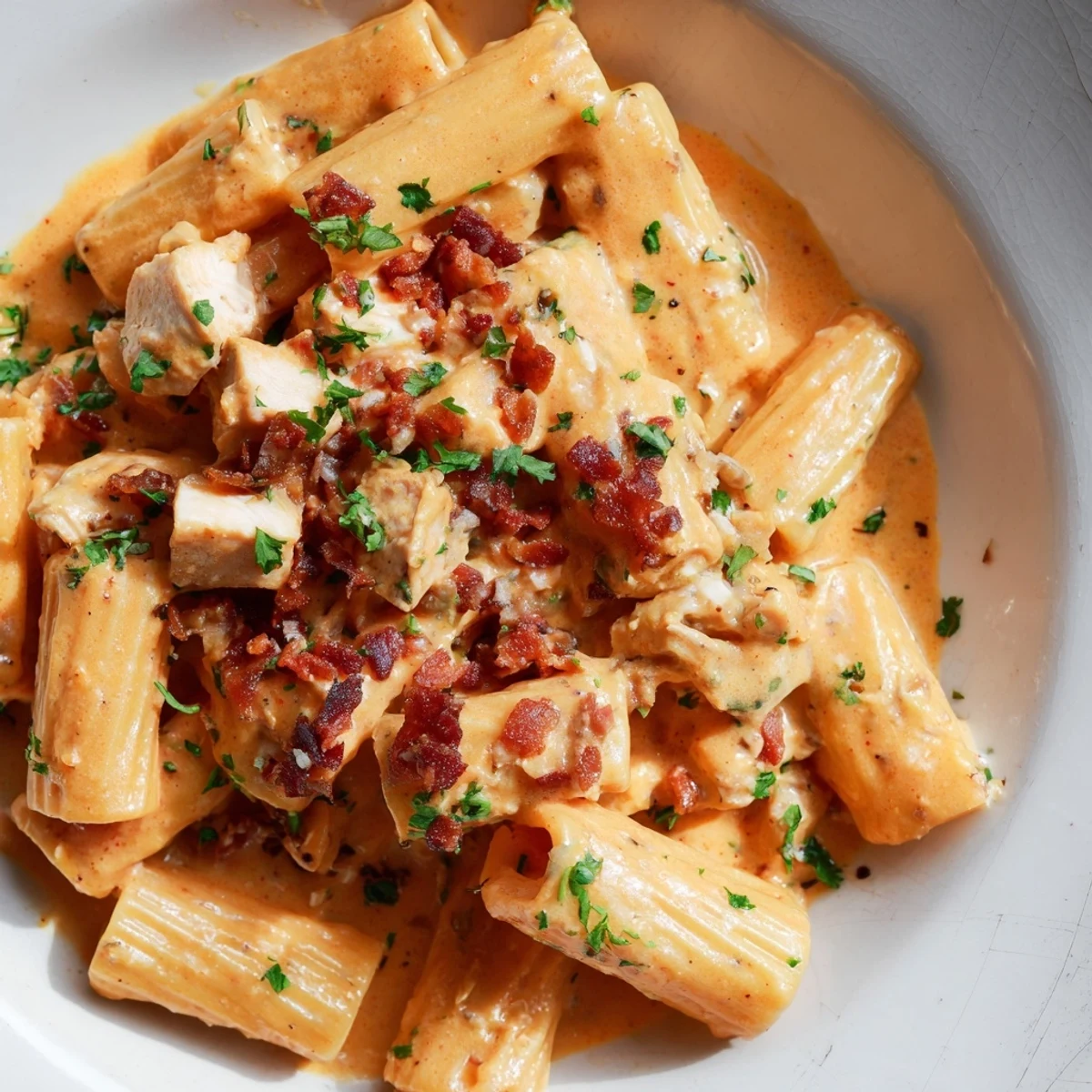 Golden penne pasta coated in rich creamy cheese sauce with tender chicken and crispy bacon