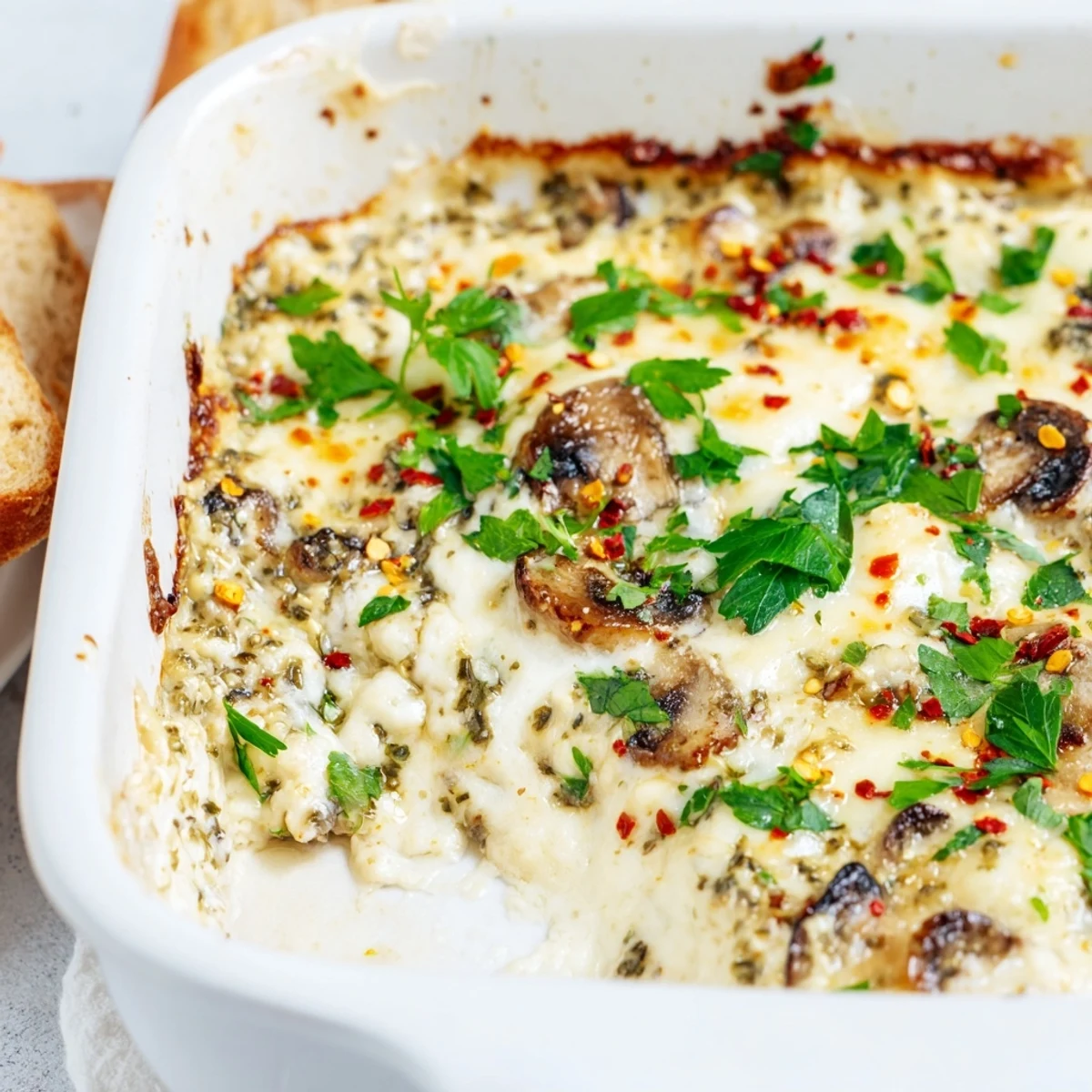 Creamy stuffed mushroom dip bubbling with melted cheese in a golden oven-baked dish