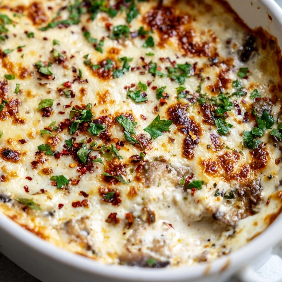 Warm stuffed mushroom dip served with crispy baguette slices and fresh crackers