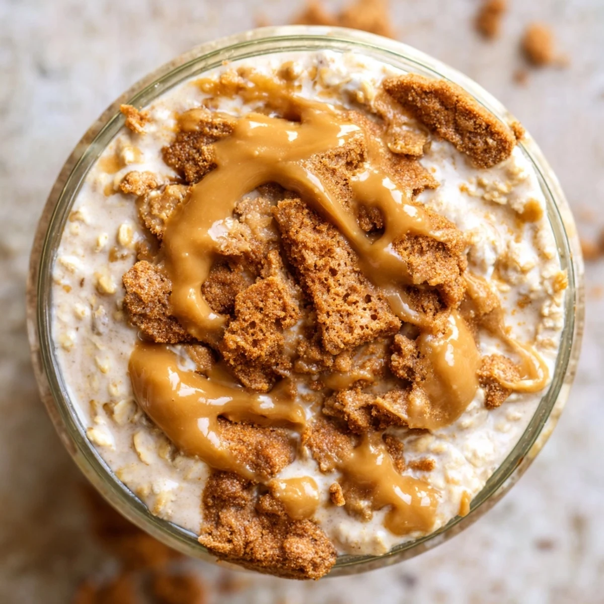 Creamy Biscoff overnight oats topped with crushed cookies and caramel drizzle in a glass jar